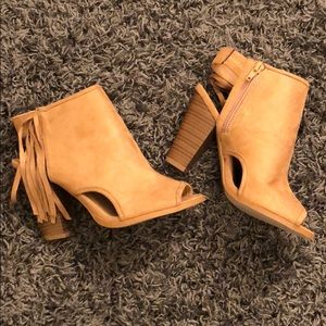 Tan faux suede open toed heels